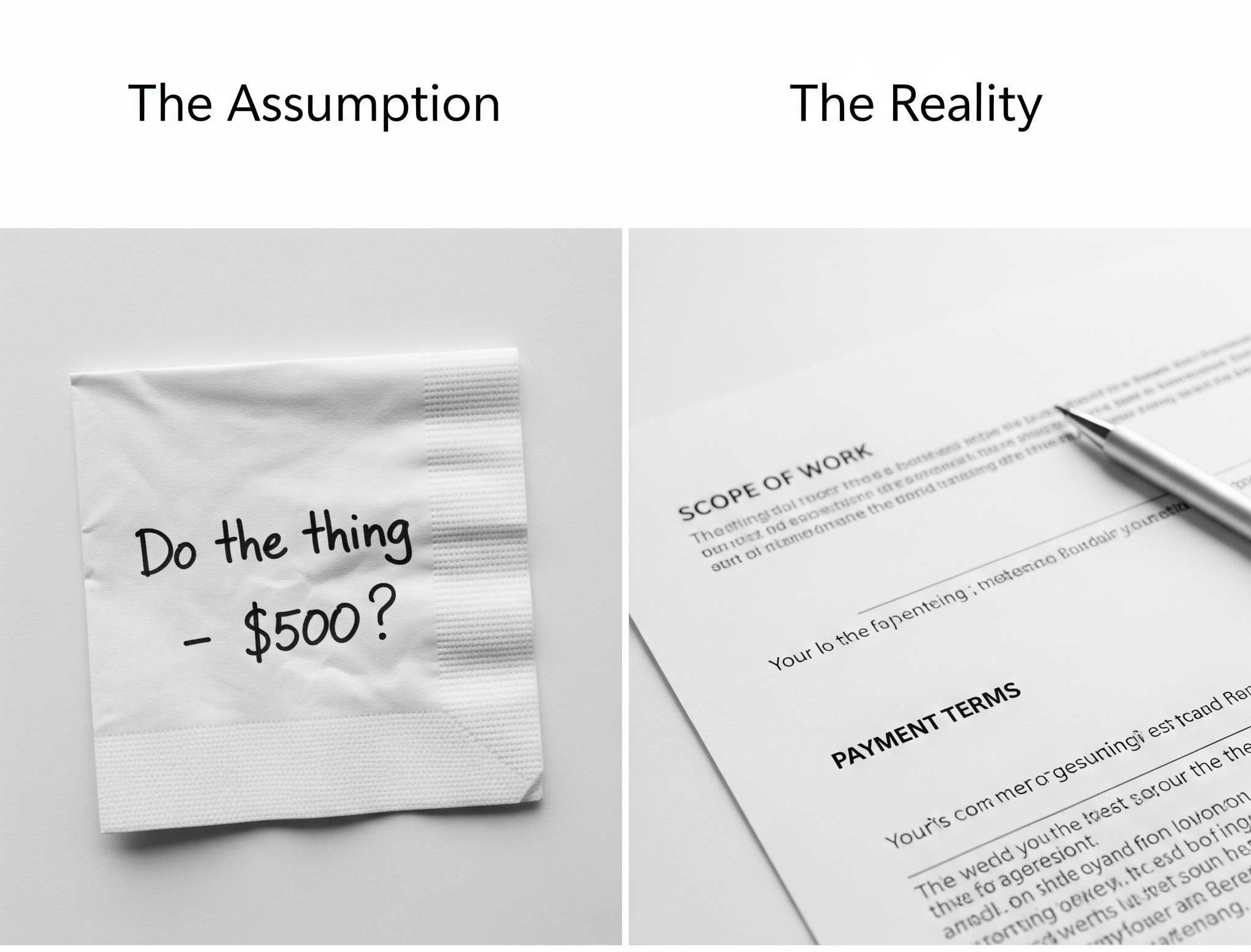 A clean, two-panel graphic. The left panel, titled "The Assumption," shows a simple, flimsy napkin with "Do the thing - $500?" scribbled on it. The right panel, titled "The Reality," shows the corner of a professional, structured document with clear headings like "Scope of Work" and "Payment Terms.
