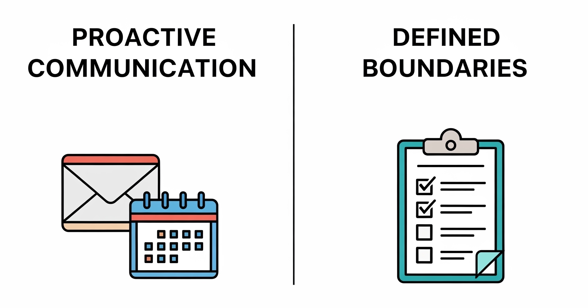 A simple graphic with two columns. Left column titled "Proactive Communication" with icons for an email and a calendar. Right column titled "Defined Boundaries" with an icon of a contract or a checklist.